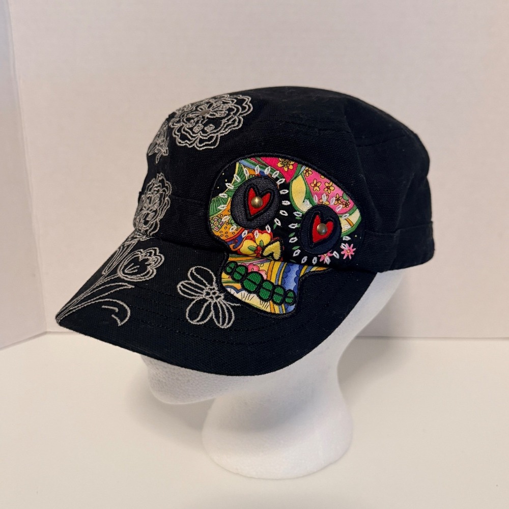 Karma Cadet Hat Black Sugar Skull Embroidered Floral Military Cap Boho Edgy Goth